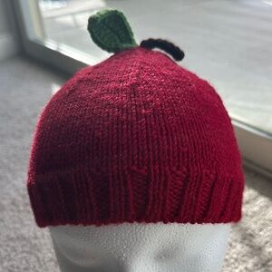 Acorn Cherry Red Knit Hat with Leaf Accent